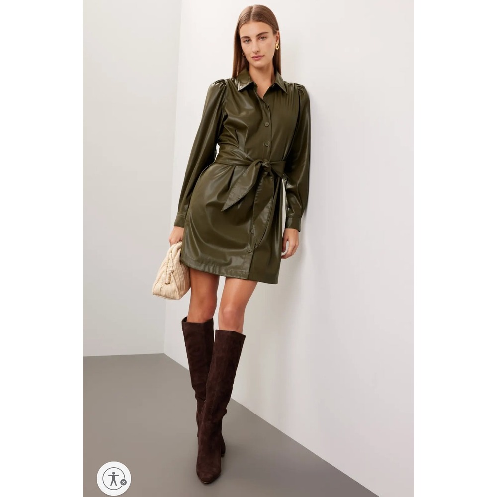 Peter Som Faux Leather Shirt Dress Green Long Sleeve Belted Collared Sz 10